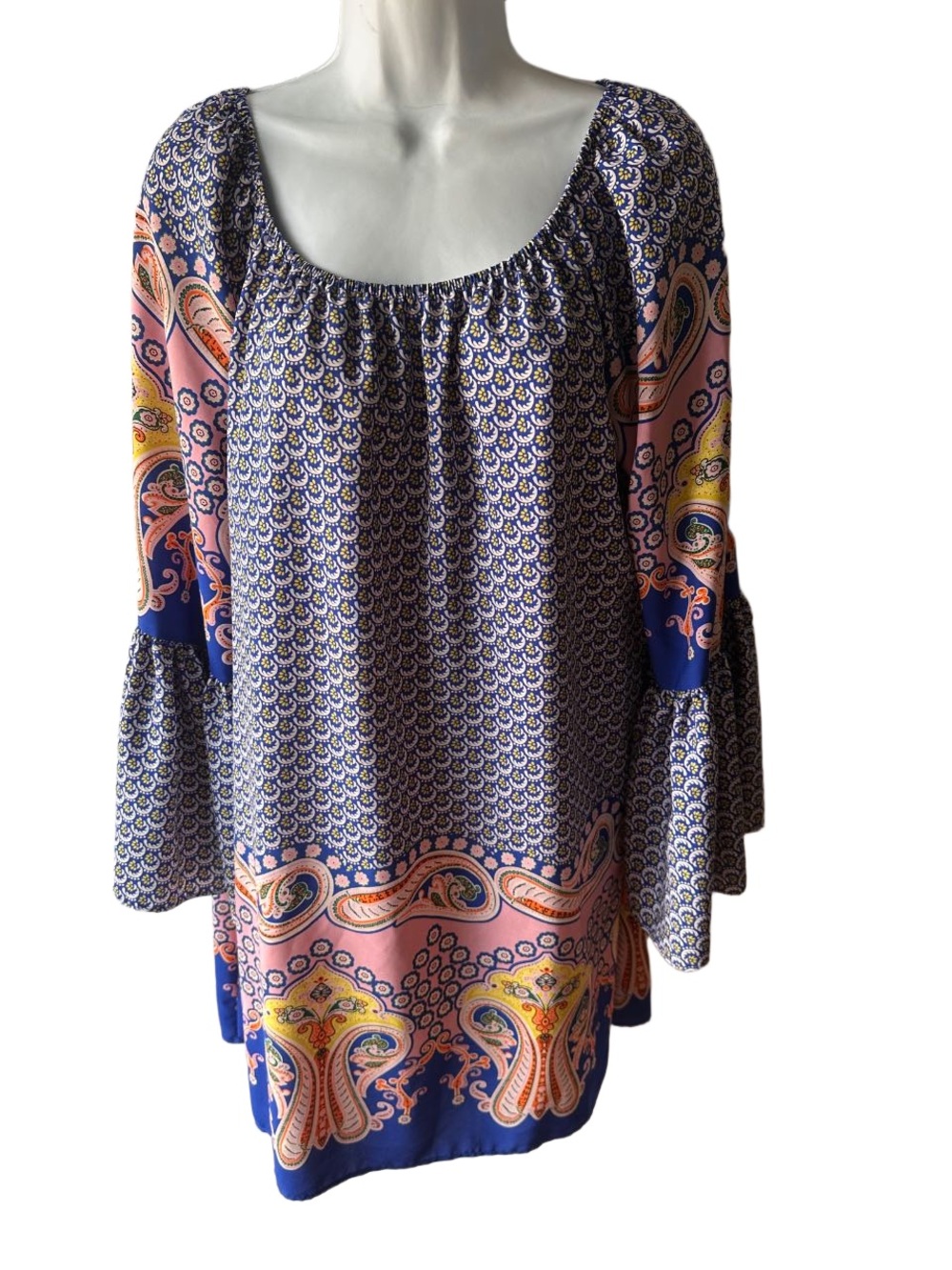 Emma Rose Blue Pink Paisley Mini Dress Size M Boho Bell Sleeve Scoop Neck